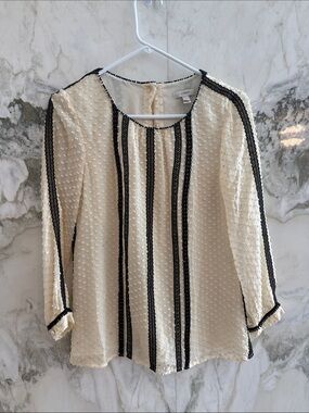 J. Crew Cream Swiss Dot Blouse with Black Lace Stripes
